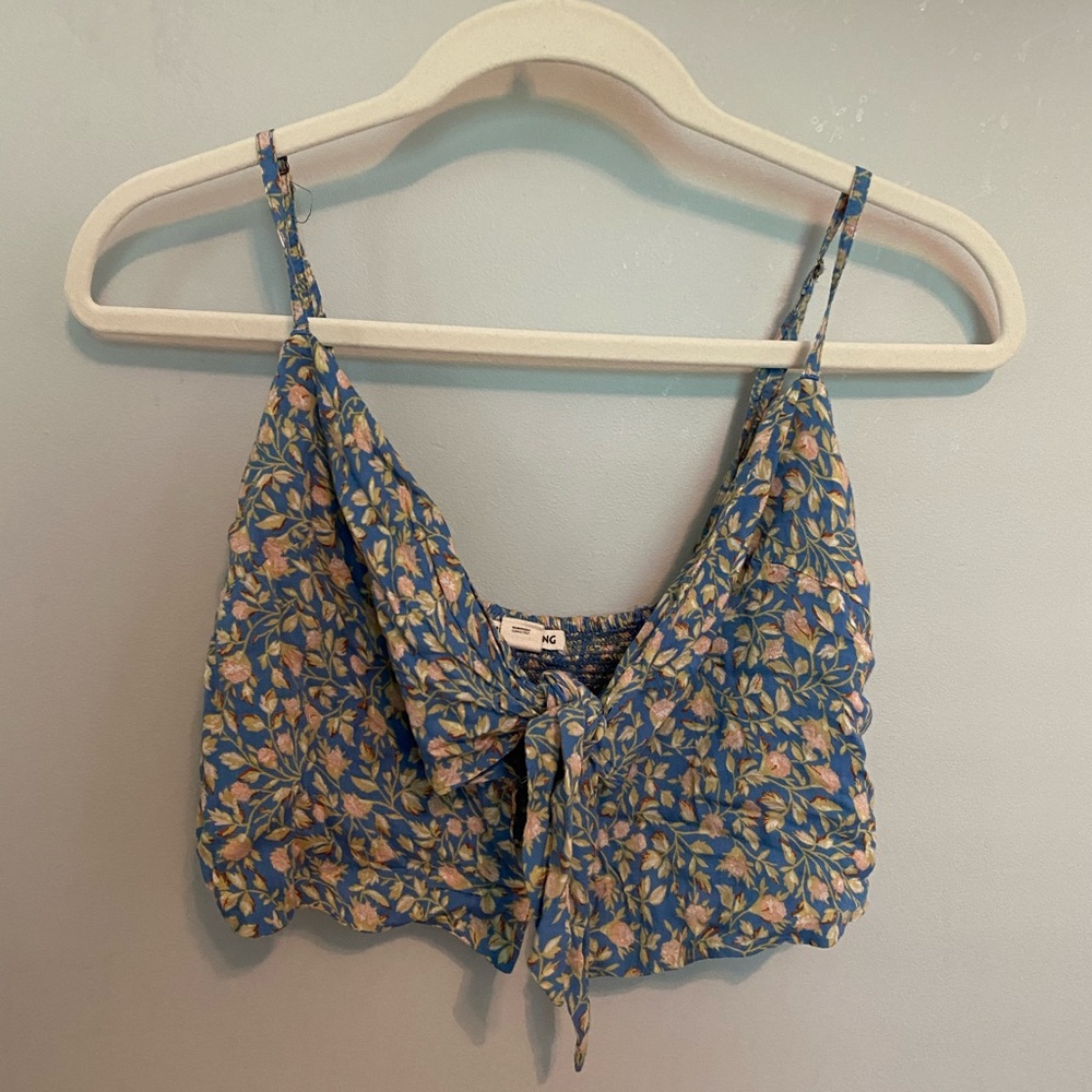 Billabong Blue and Tan Smocked Tie Front Crop Top